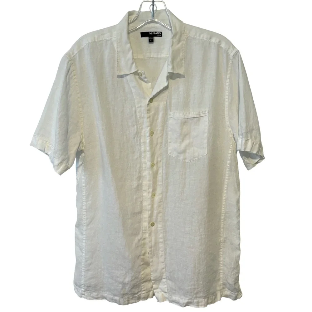 Murano Men's White Linen Short Sleeved Casual Button Front Shirt in Size L‎